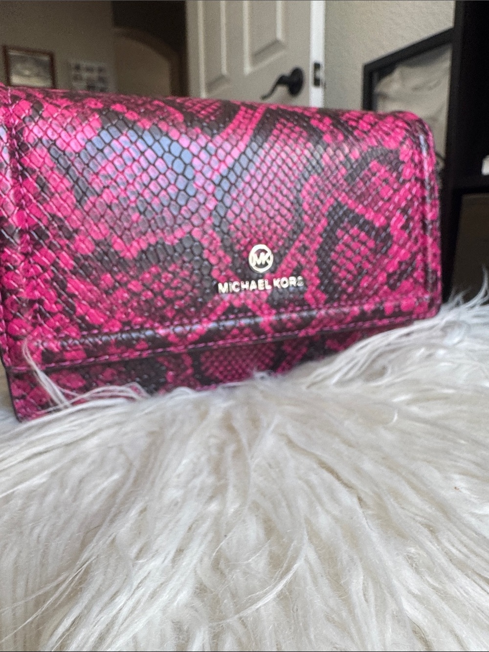 Michael Kors Hot Pink Snake-Print Leather Clutch with Gold Logo